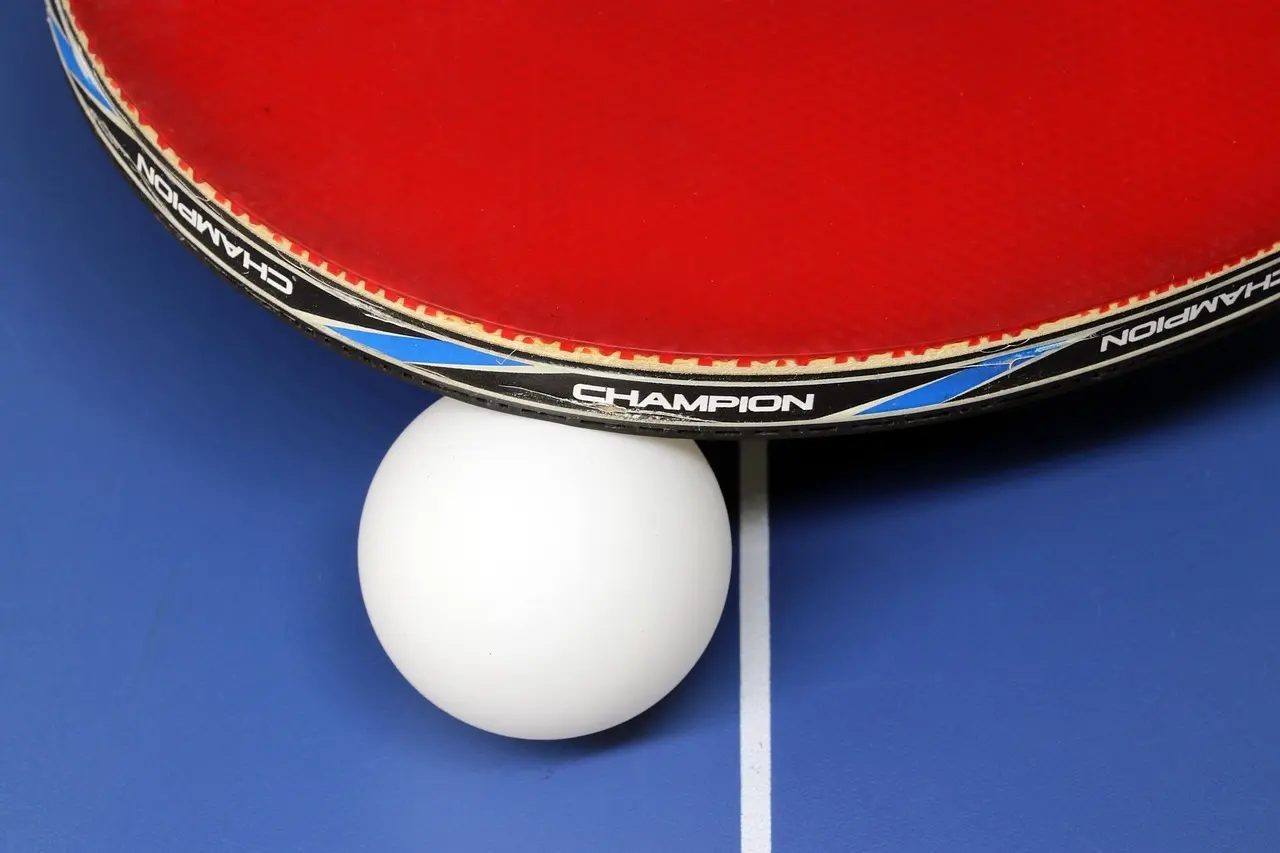 Rødt bordtennisbat og hvid bordtennisbold